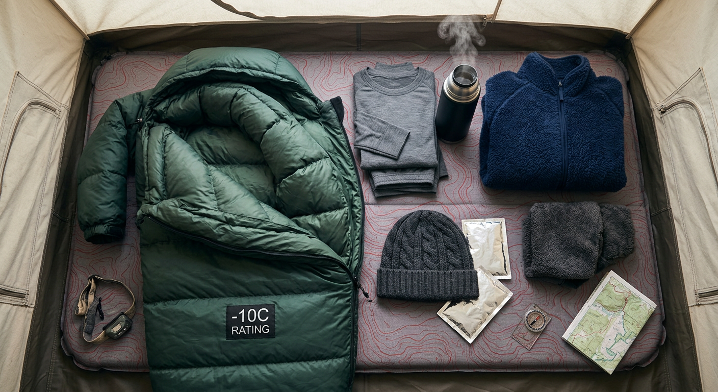 Bộ gear cắm trại mùa đông: túi ngủ -10°C, quần áo giữ nhiệt, đèn pin, bình giữ nhiệt - ProCamping.vn
