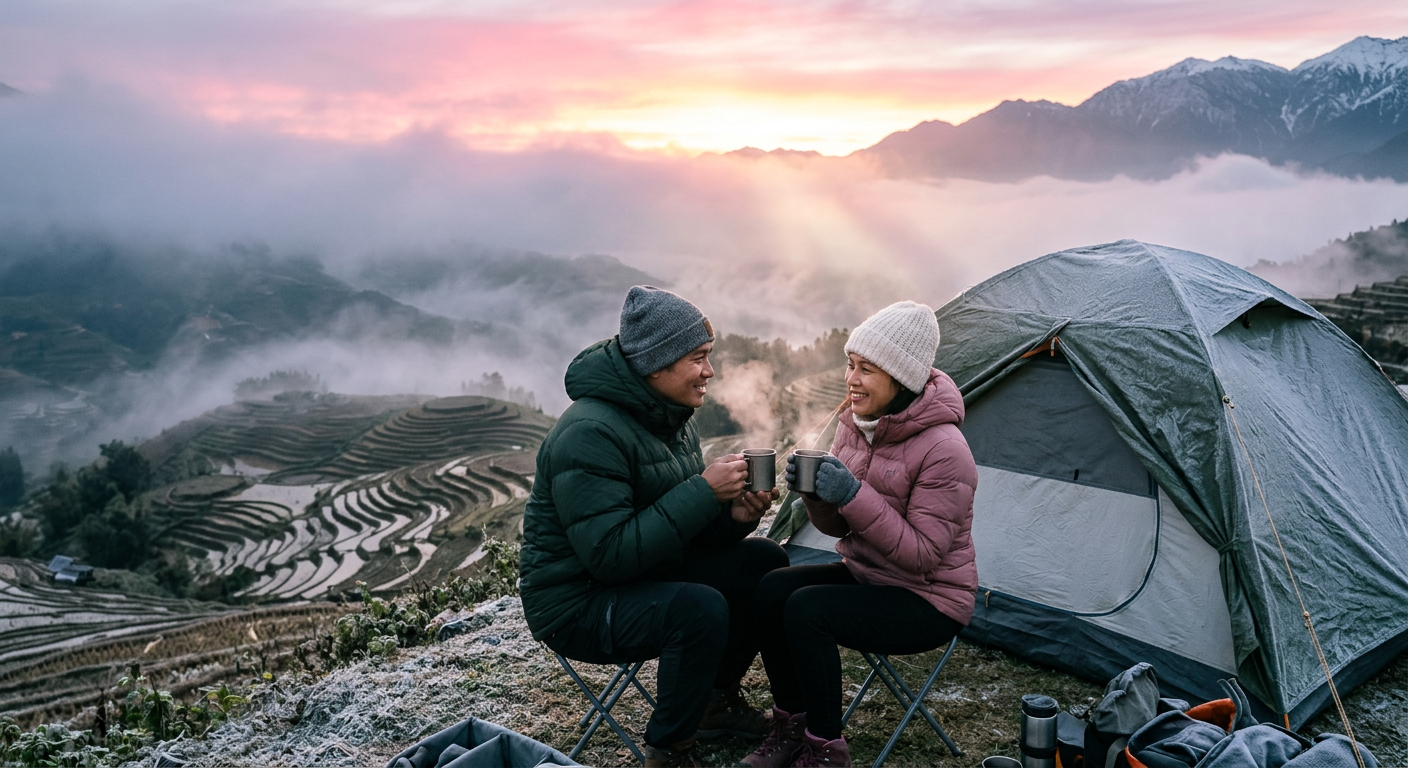 Cắm trại mùa đông Sapa bình minh - đôi vợ chồng Việt Nam áo phao dày ruộng bậc thang - ProCamping.vn