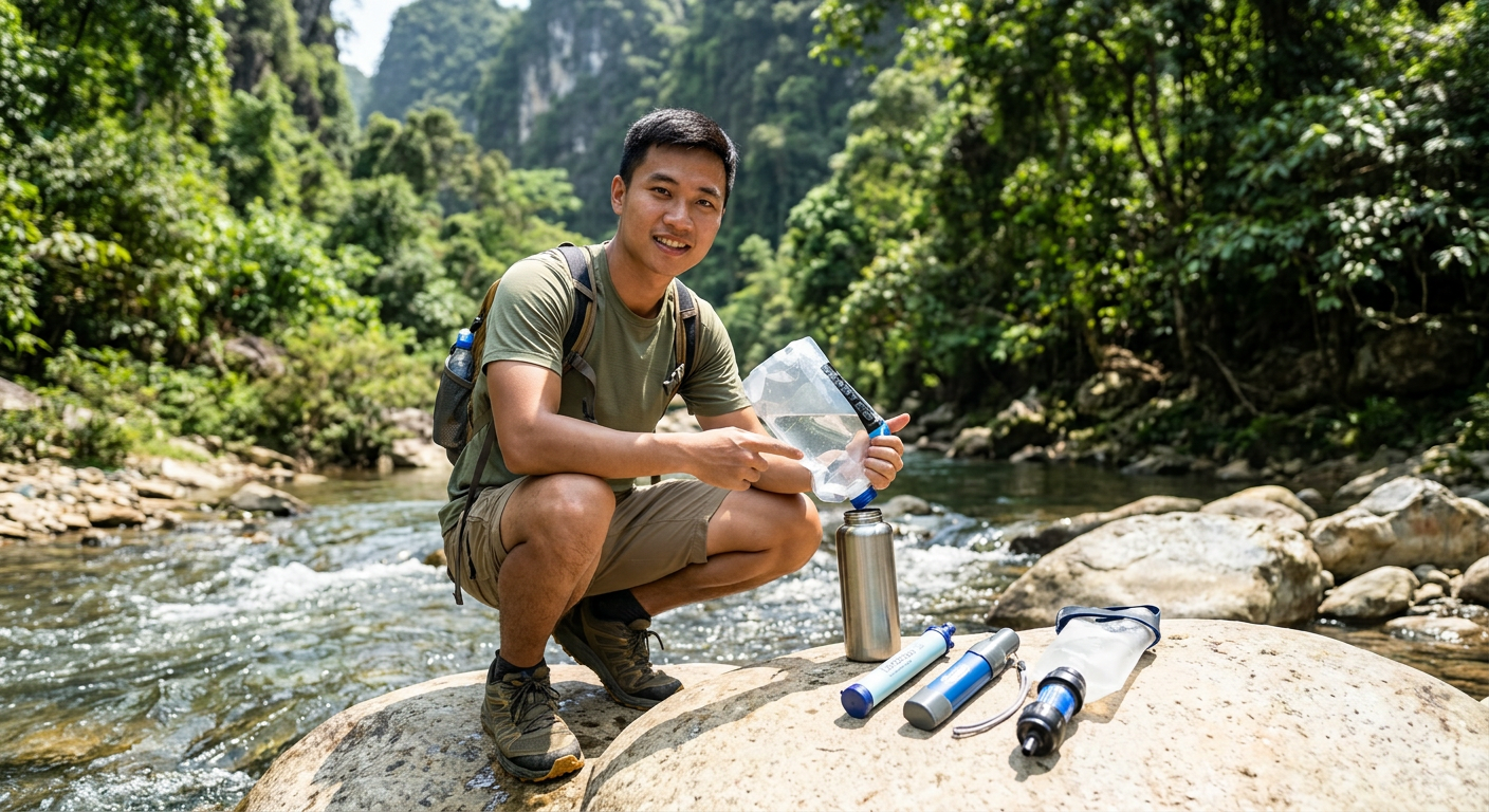 So sánh các loại bình lọc nước cắm trại: squeeze, straw, UV pen - ProCamping.vn