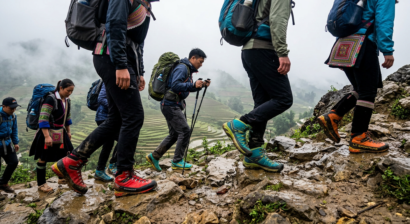 Giày trekking leo núi nhóm bạn Việt Nam trên địa hình đá Sapa - ProCamping.vn