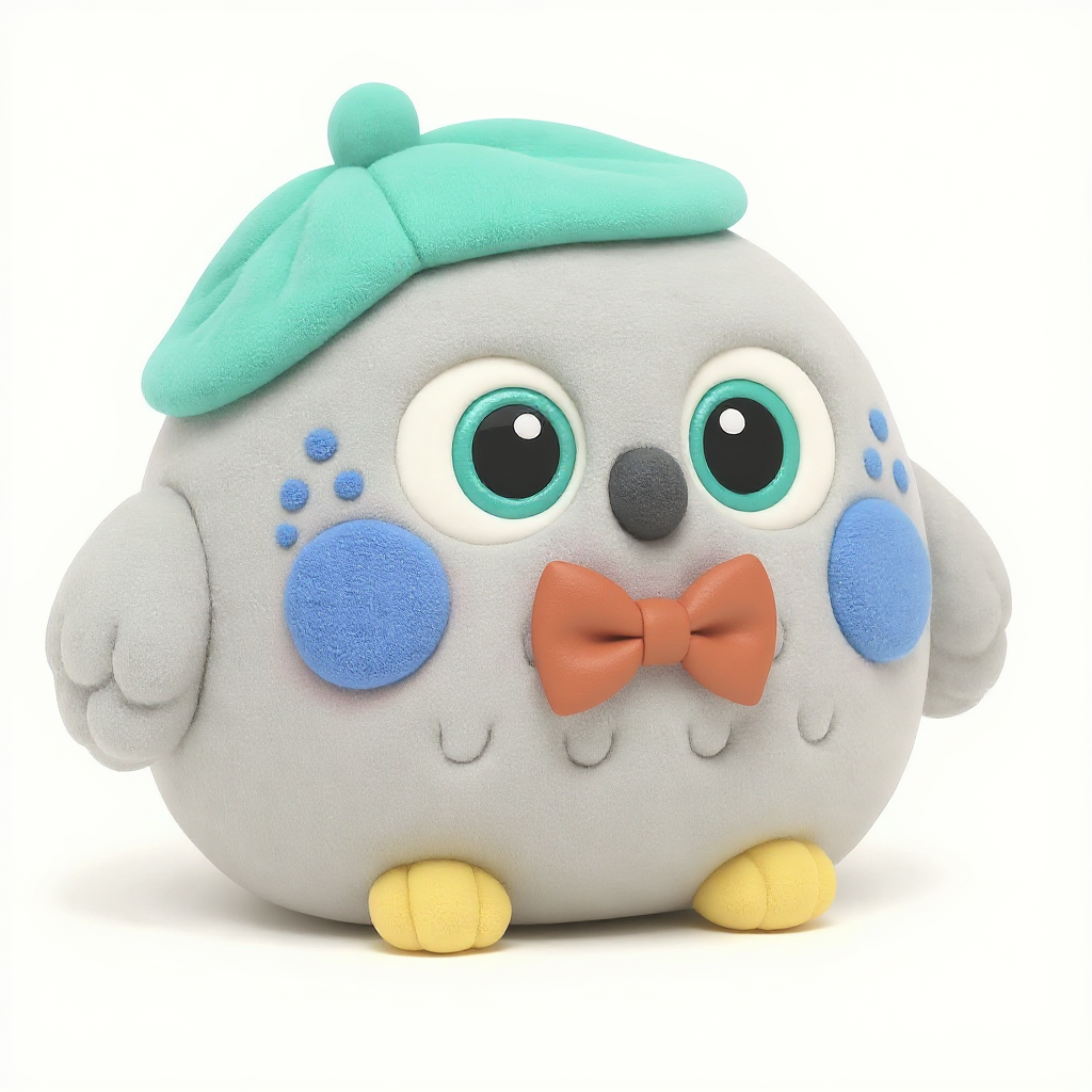 Hootley Pebble — Hootley Pebble is a grey dotted squishy friend with teal freckles, a teal hat, and a cheerful red bow tie.