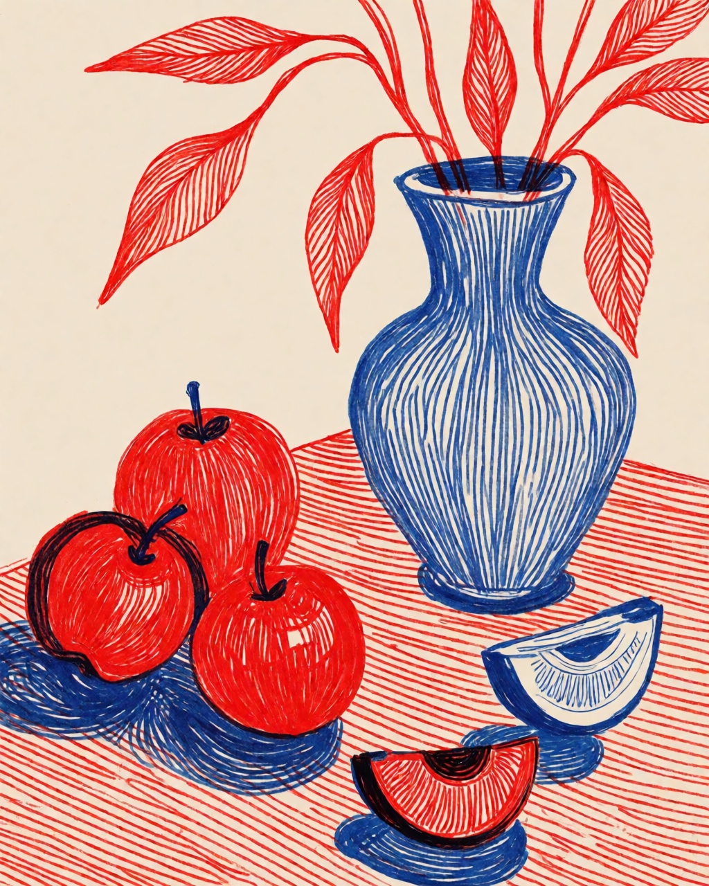 a still life of fruit and a vase