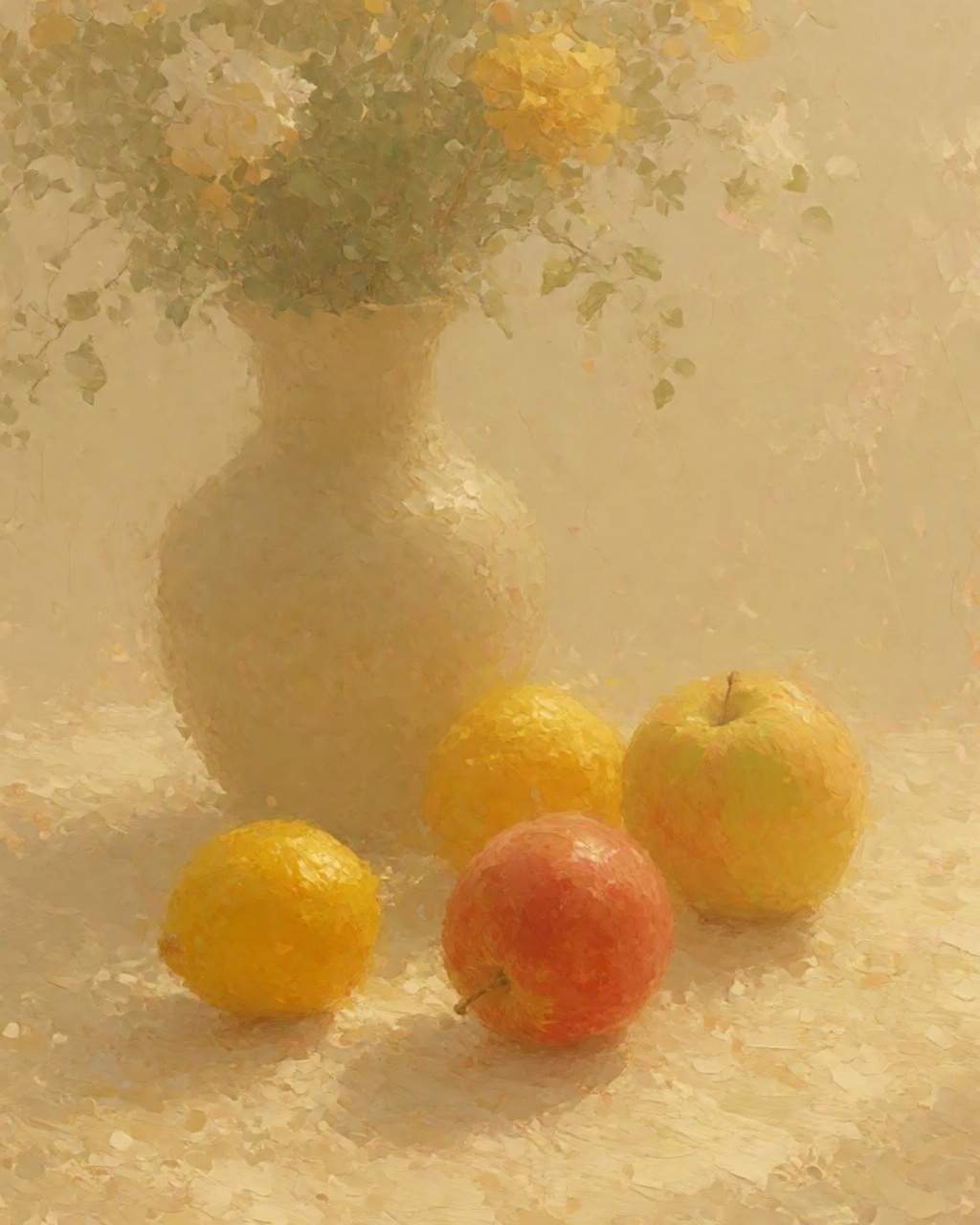 a still life of fruit and a vase