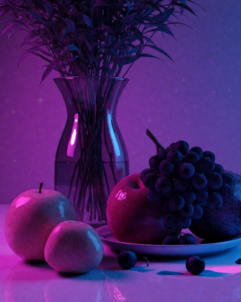 a still life of fruit and a vase