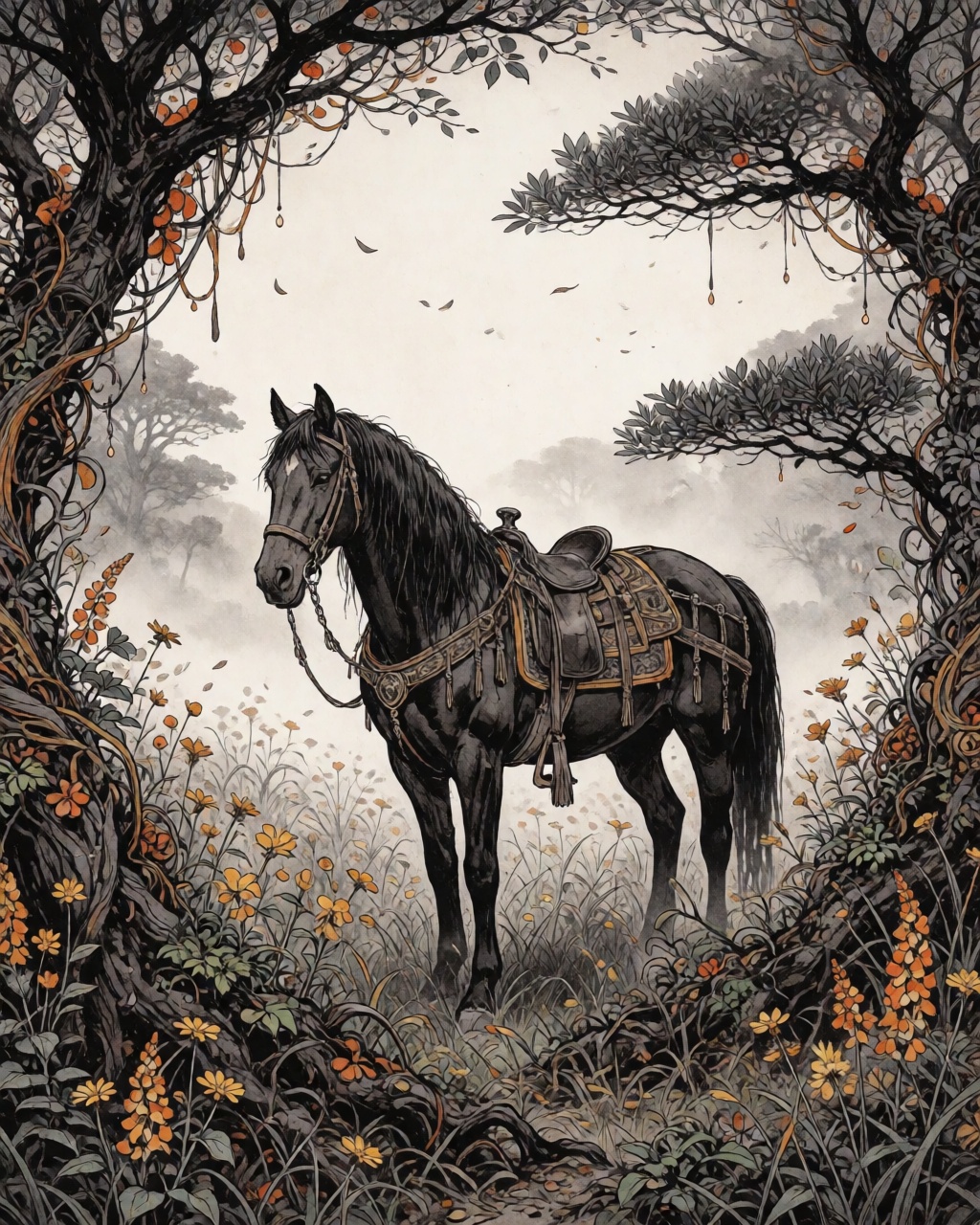 a horse in a misty meadow