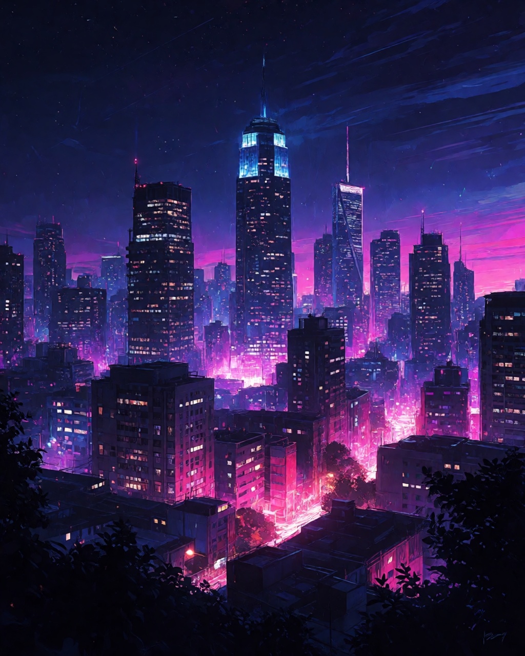 a city skyline at night