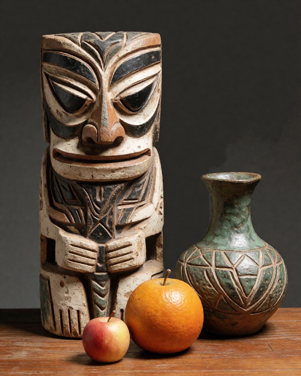 a still life of fruit and a vase
