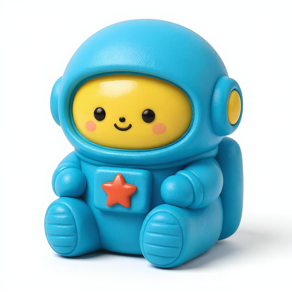 Astro Squish — Astro Squish is a cuddly sky-blue space buddy with a sunny yellow visor and bright red star badge.