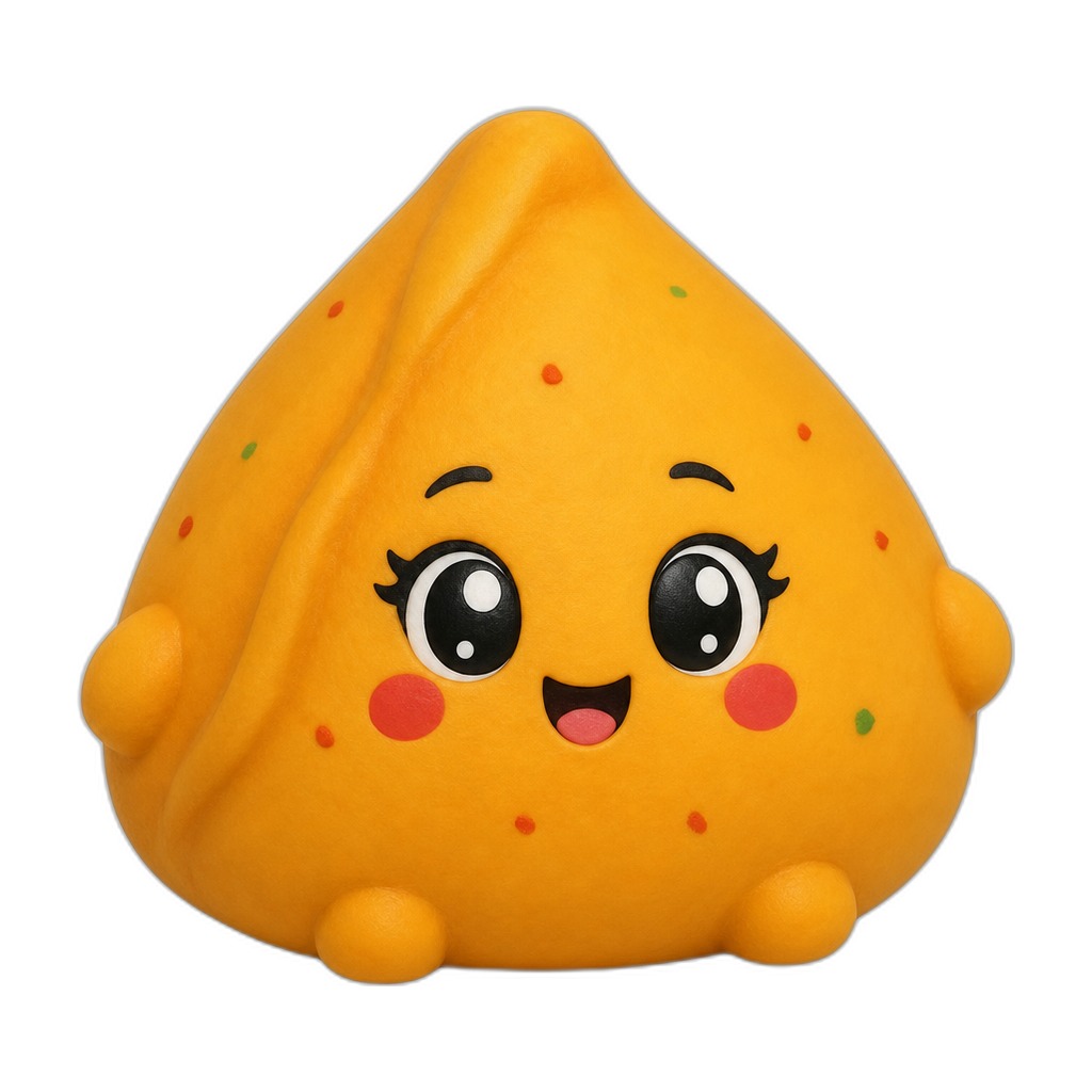 Sammy samosa — Sammy Samosa is a golden-brown squishy treat, perfectly rounded and irresistibly soft for endless gentle squeezes and cuddly fun.