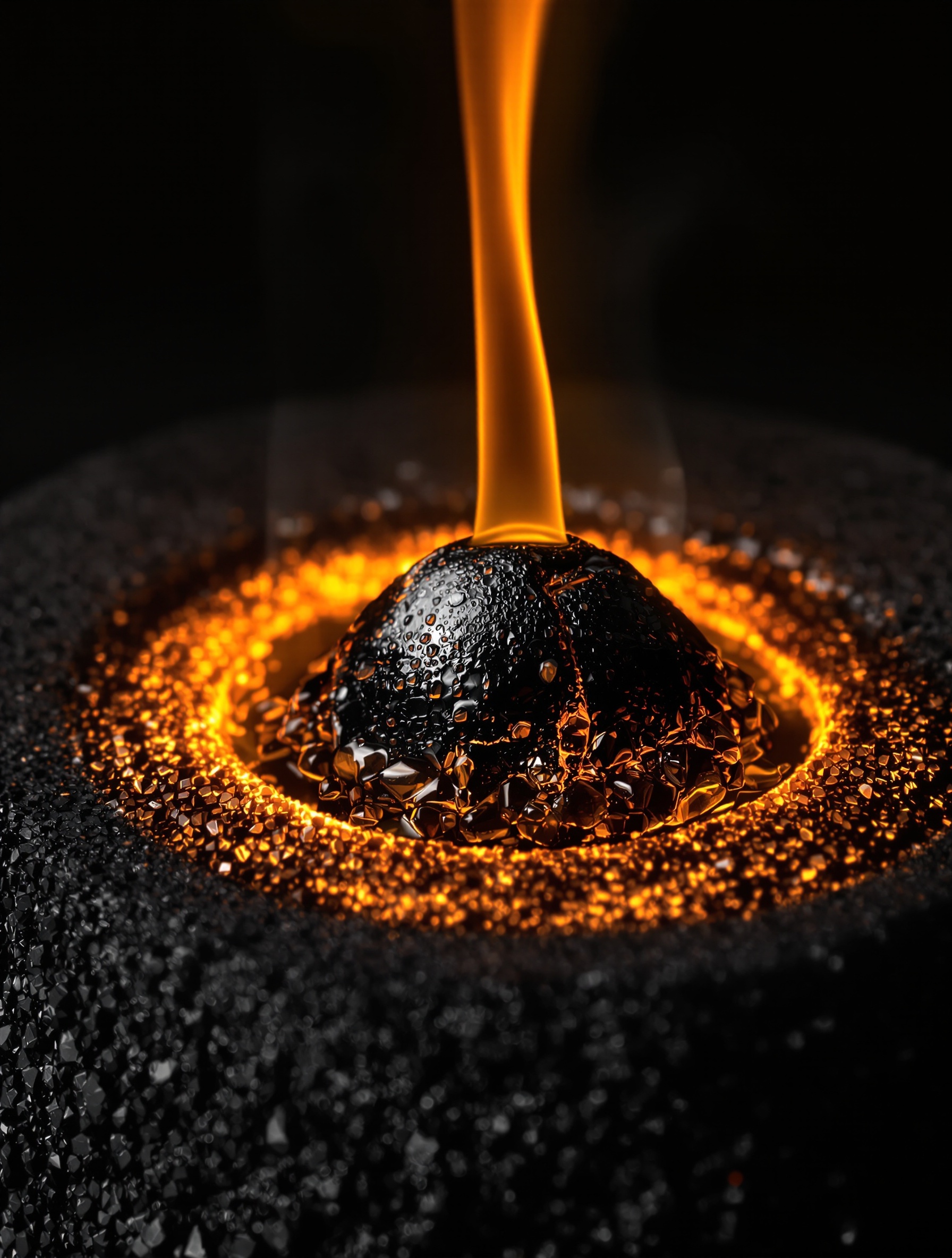 An extreme macro photograph of smoldering labdanum and myrrh resin blistering on a glowing charcoal disc, a lone amber smoke ribbon rising into darkness, conjuring the raw material soul of LAVS by Filippo Sorcinelli.