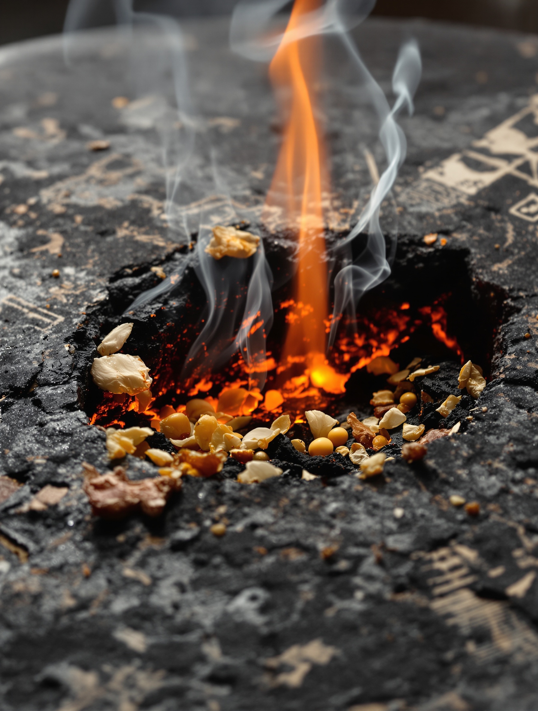 A macro of smoldering oud and nagarmotha on a glowing coal-filled ritual stone vessel, thick ceremonial smoke rising through torchlight into darkness, evoking the deep base of 777 God of Fire by Stéphane Humbert Lucas.