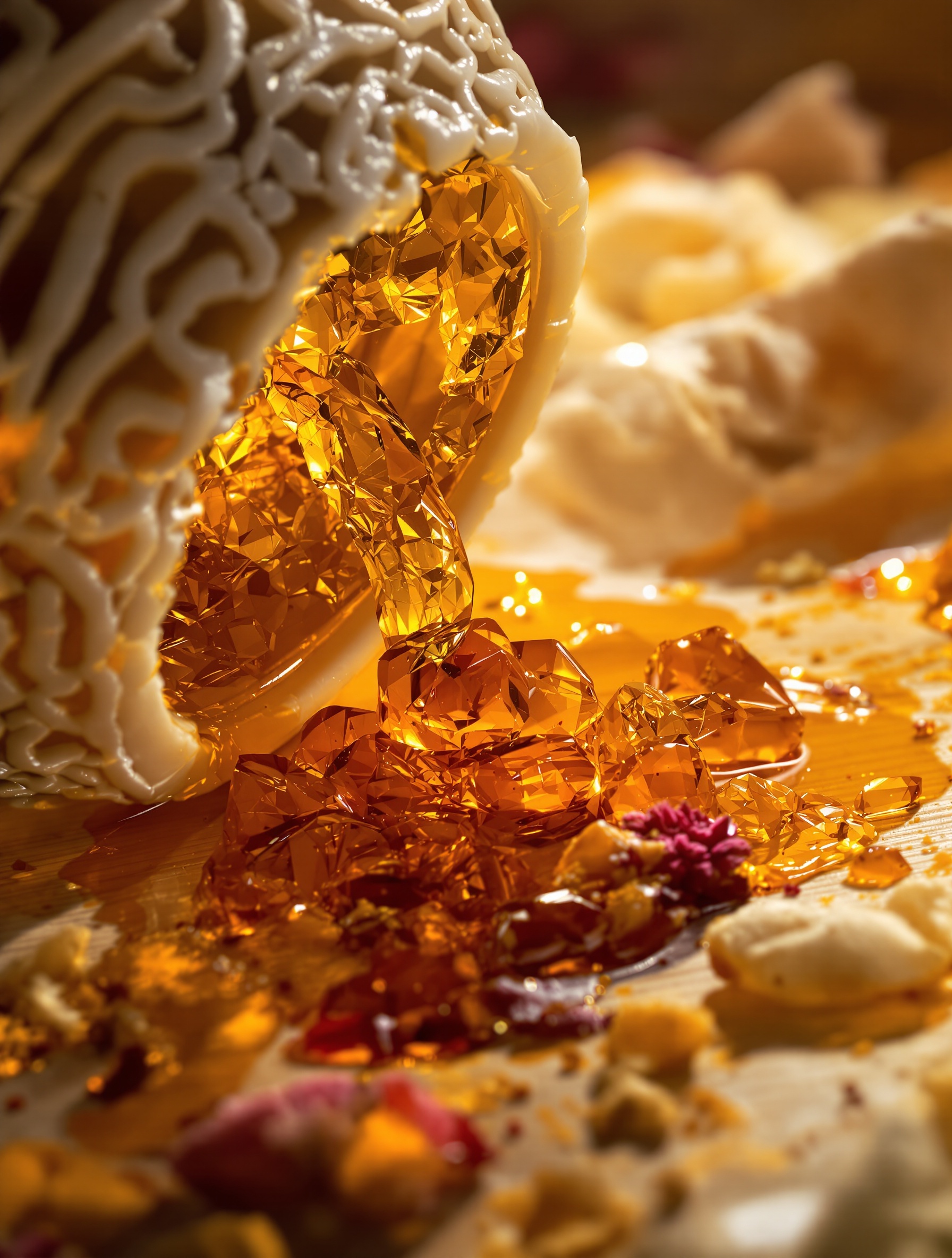 A macro close-up of frankincense tears and dark amber resin pouring from a carved alabaster jar onto aged papyrus fibres, evoking the sacred anointing ritual at the heart of Ex Nihilo Brompton Immortals.