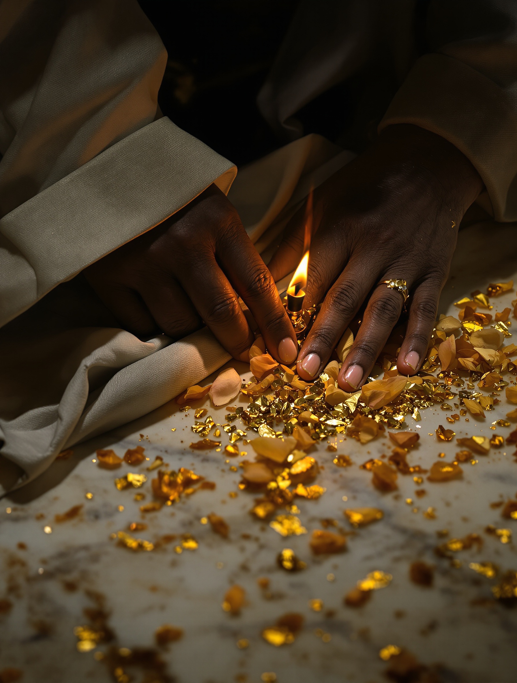 A cinematic close-up of ceremonial hands wrapping linen in a candlelit Egyptian preparation chamber, evoking the sacred anointing ritual at the heart of Brompton Immortals.