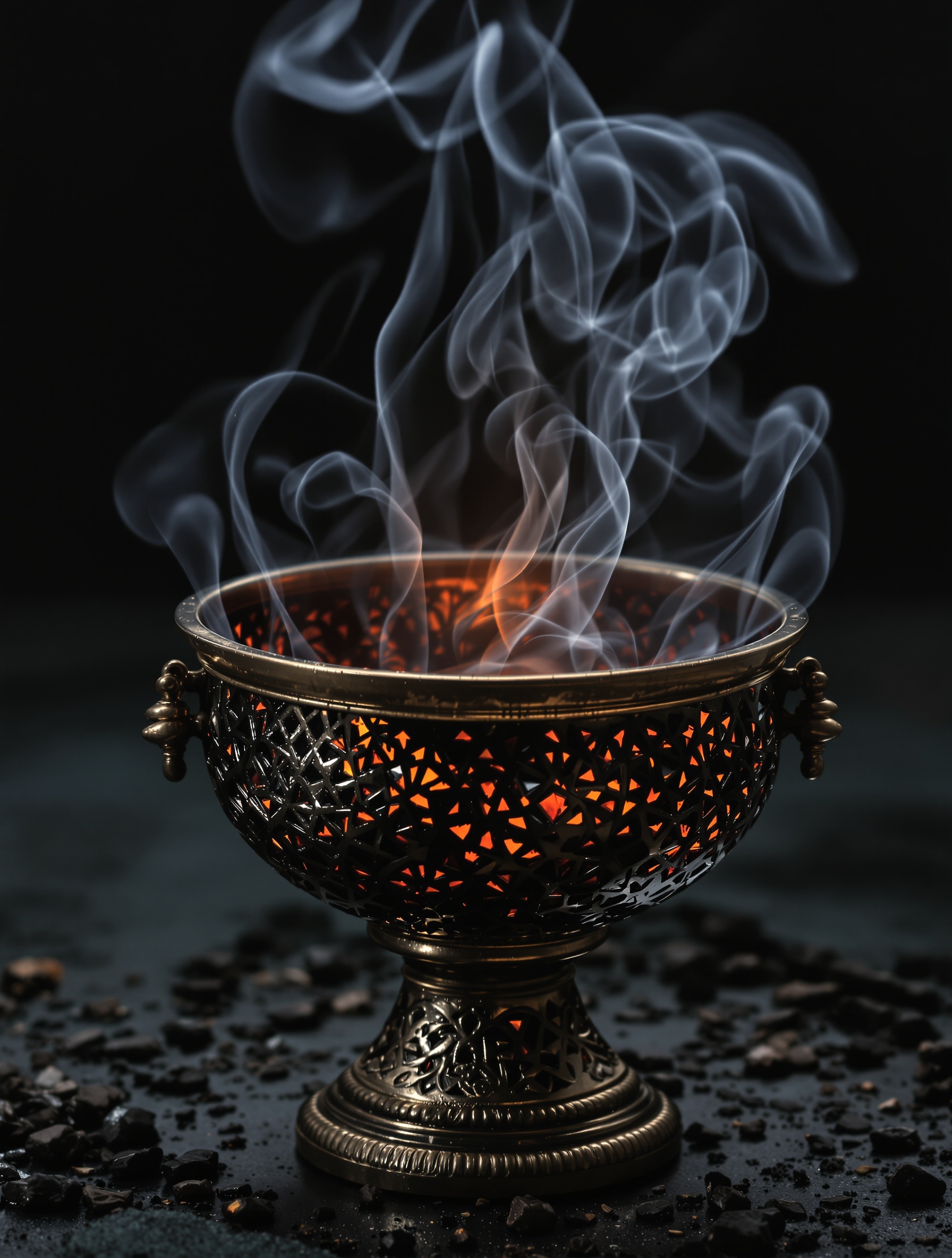 Extreme macro of a smoldering frankincense resin coal in a verdigrised Byzantine censer, black smoke spiraling upward against deep shadow, evoking the liturgical darkness of Judgment Day by Adi Ale Van.