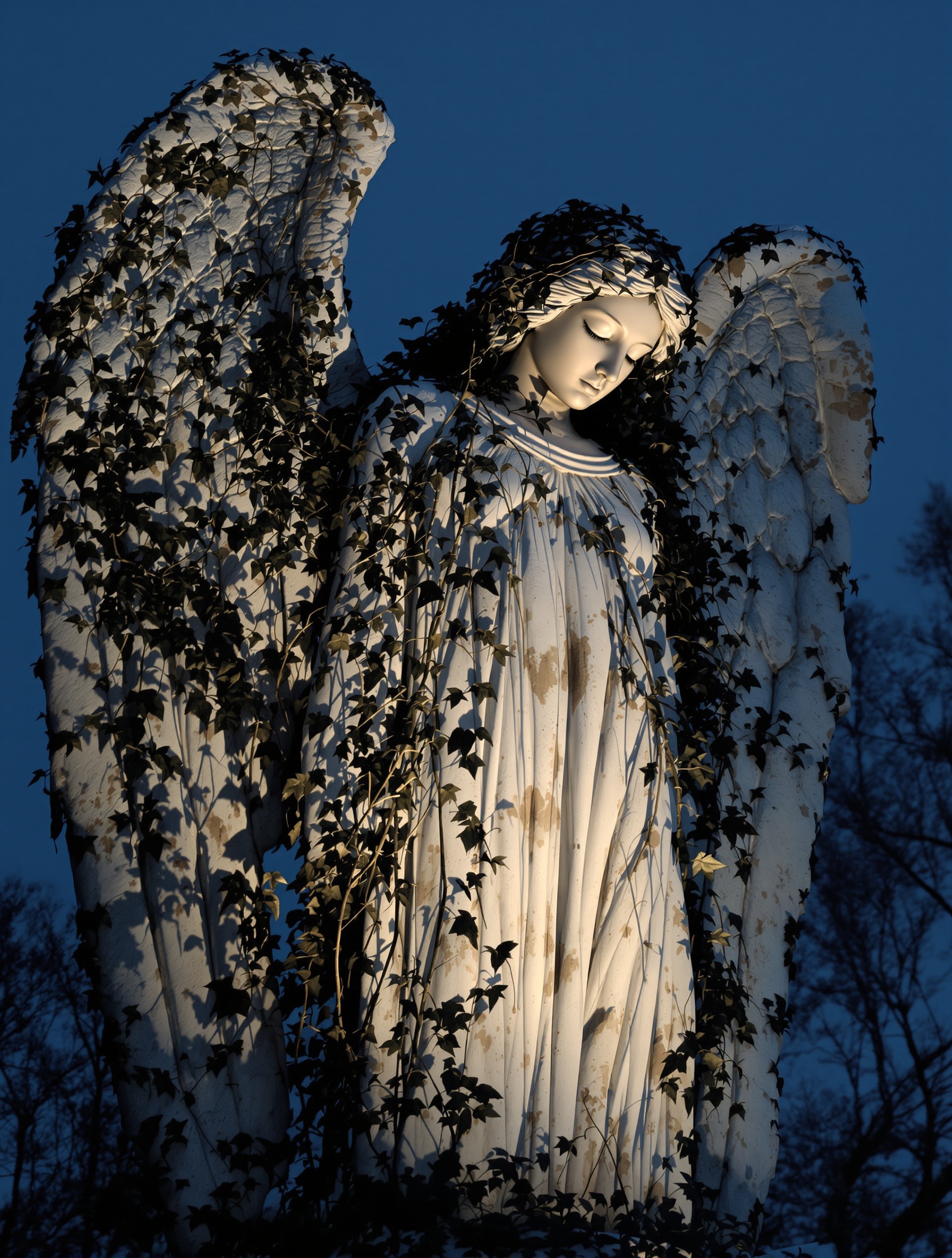 A rain-weathered stone angel draped in ivy stands in cold blue dawn light, evoking the solemn memento mori soul of Judgment Day by Adi Ale Van.