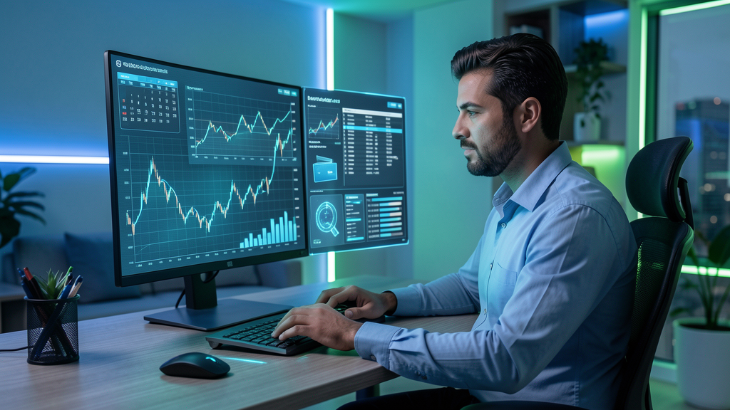 Profissional usando inteligência artificial para organizar produtividade, investimentos e finanças pessoais