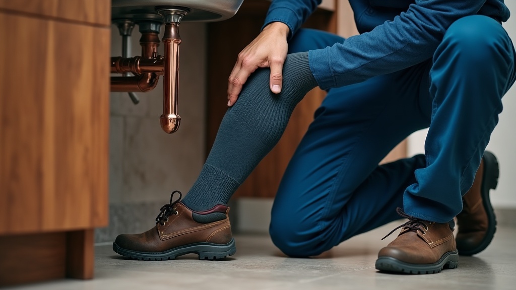 Plumber wearing compression socks while working under a sink
