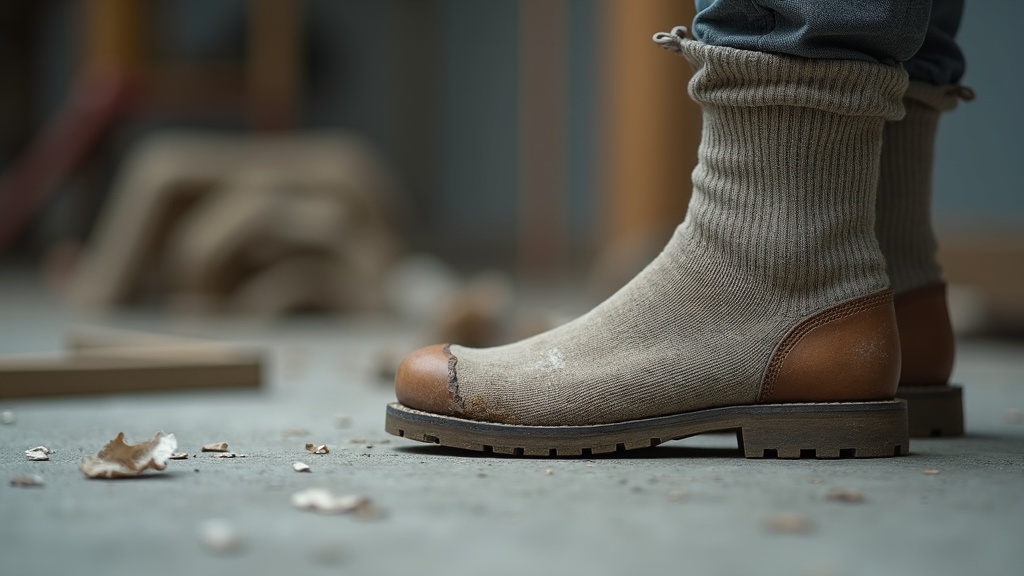 Calcetín de trabajo roto con agujero en el talón junto a bota de seguridad