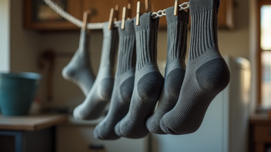 Calcetines de trabajo secándose al aire para preservar las fibras
