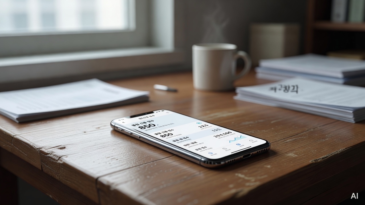 smartphone screen showing credit score app dashboard on a wooden desk