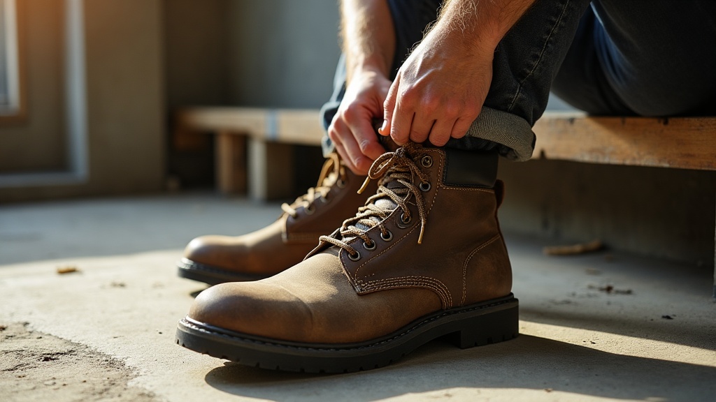Trabajador calzándose calcetines antiolor antes de ponerse las botas de trabajo