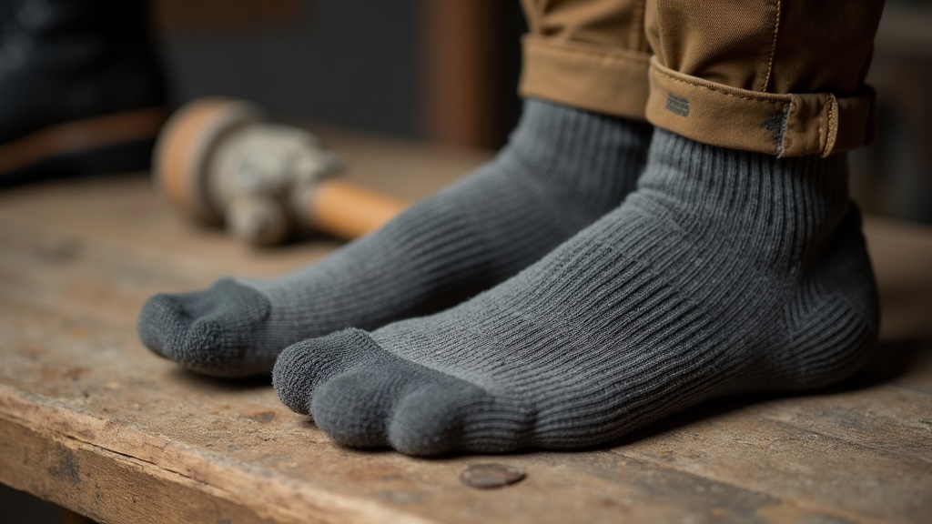 Calcetines Darn Tough junto a bota de trabajo con puntera de acero