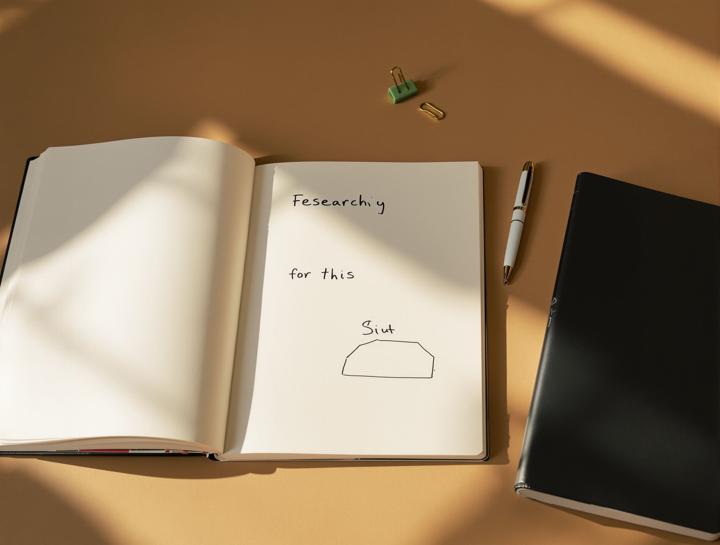 Desk with notebook and pen, symbolizing research and content planning.