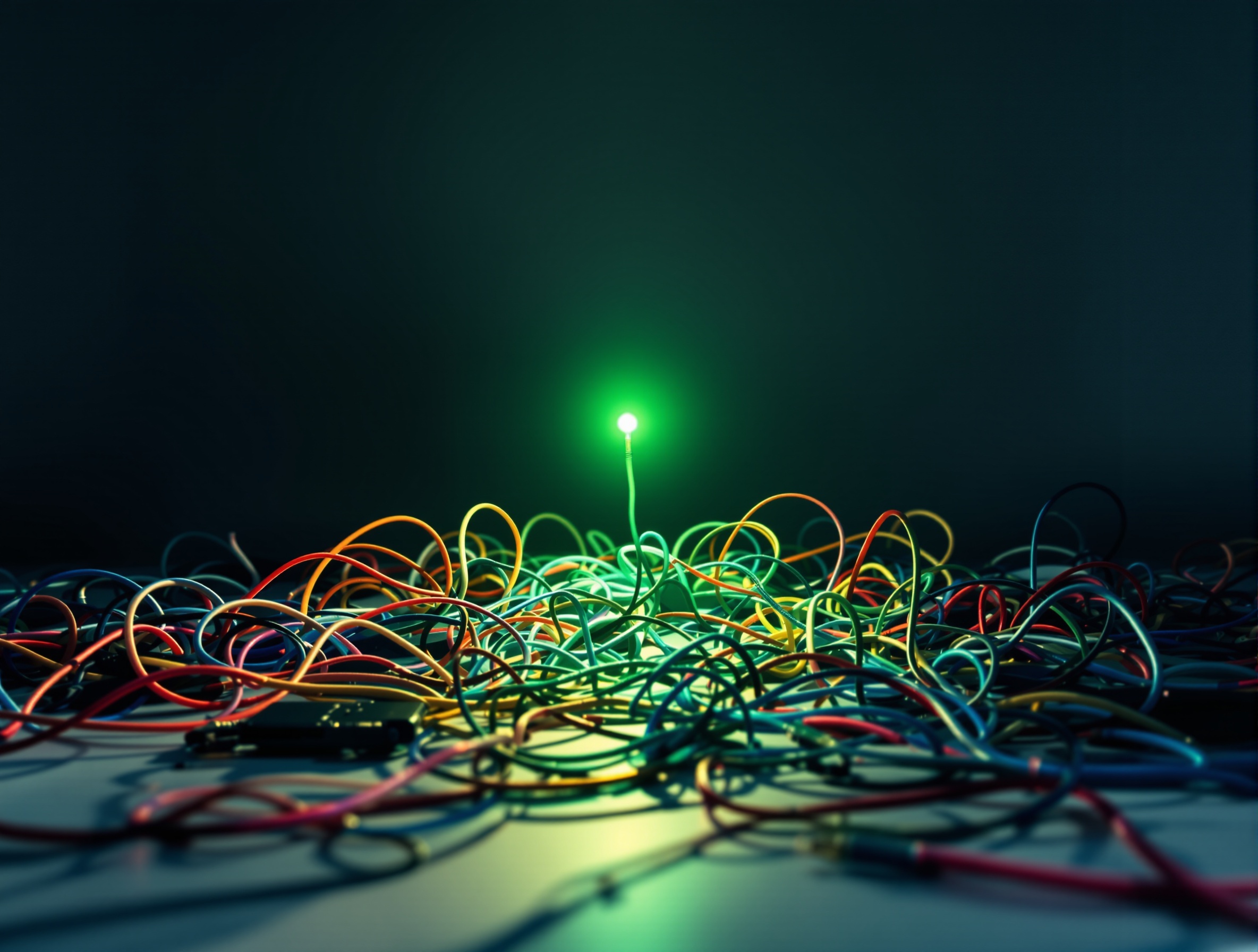 Tangled wires leading to a clear path and a green light, symbolizing AI model complexity and clarity.