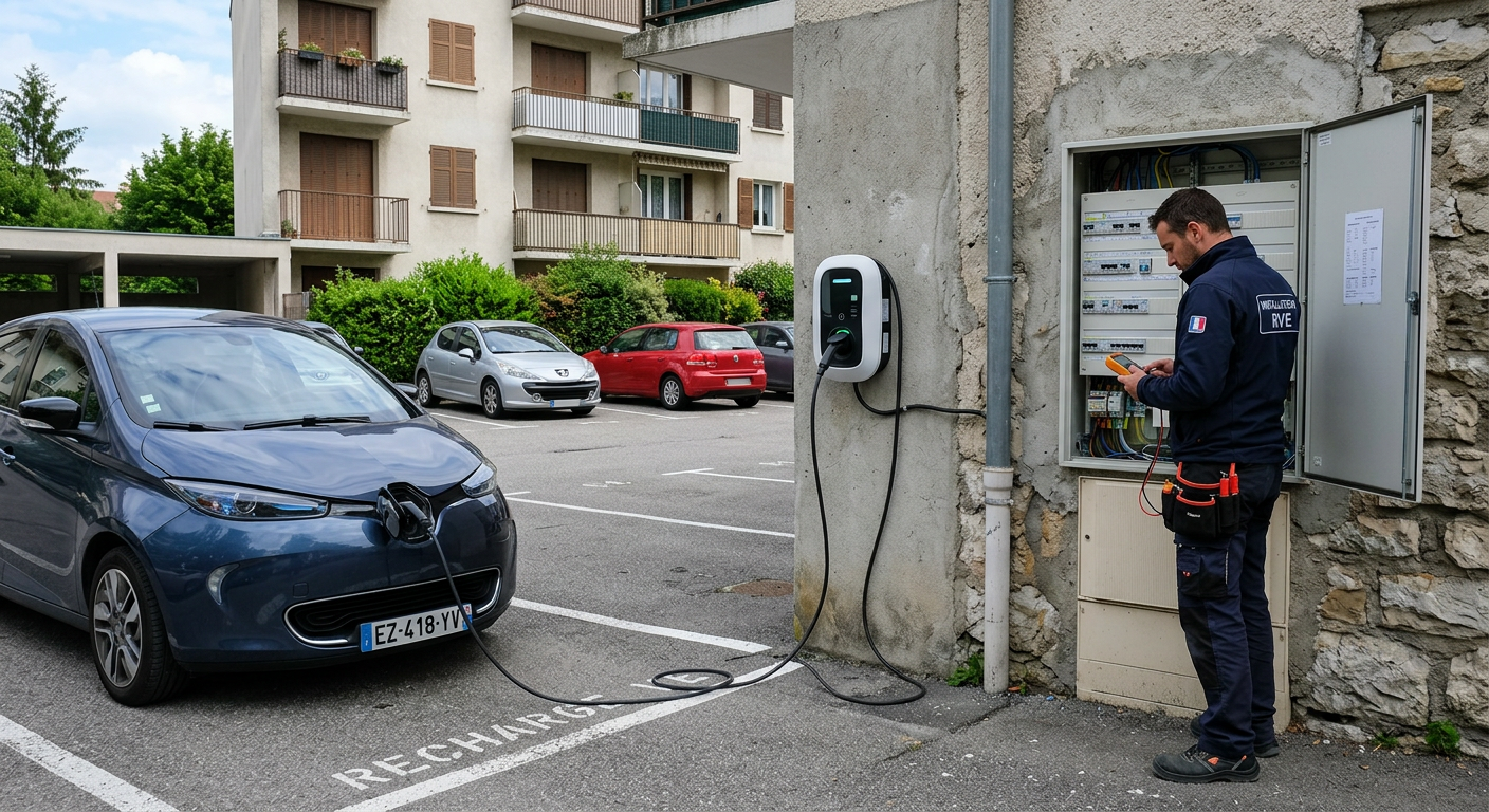 Borne de recharge électrique installée en copropriété avec voiture en recharge et installateur vérifiant le tableau électrique.
