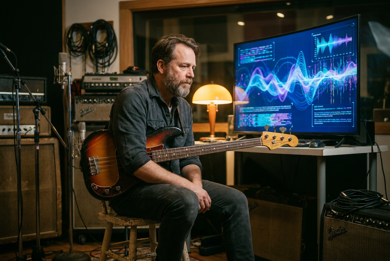 alt text for accessibility: A session musician sitting alone in a dimly lit recording studio, their instrument resting on their lap, looking contemplatively at a glowing computer screen showing AI waveform data