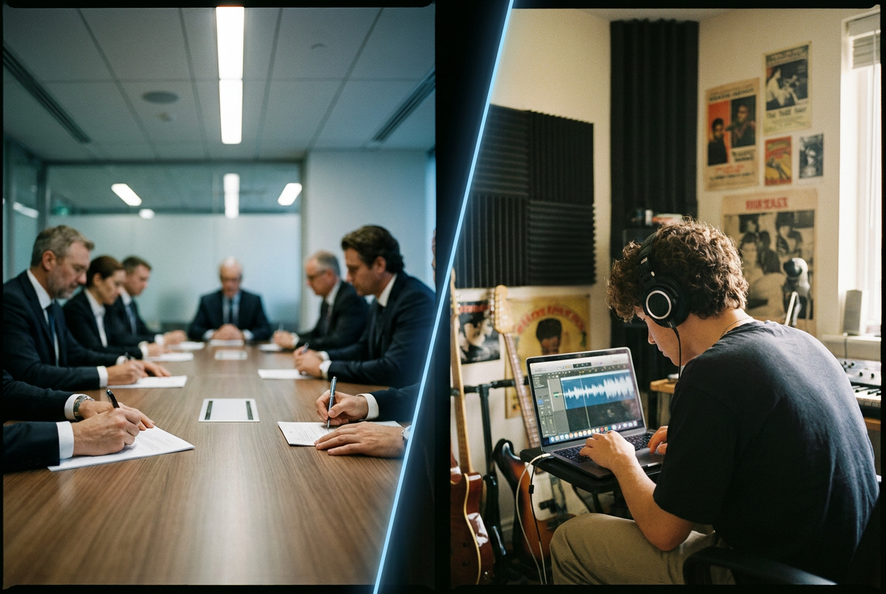 alt text for accessibility: A split-screen view showing a corporate boardroom on one side and an indie musician's bedroom studio on the other