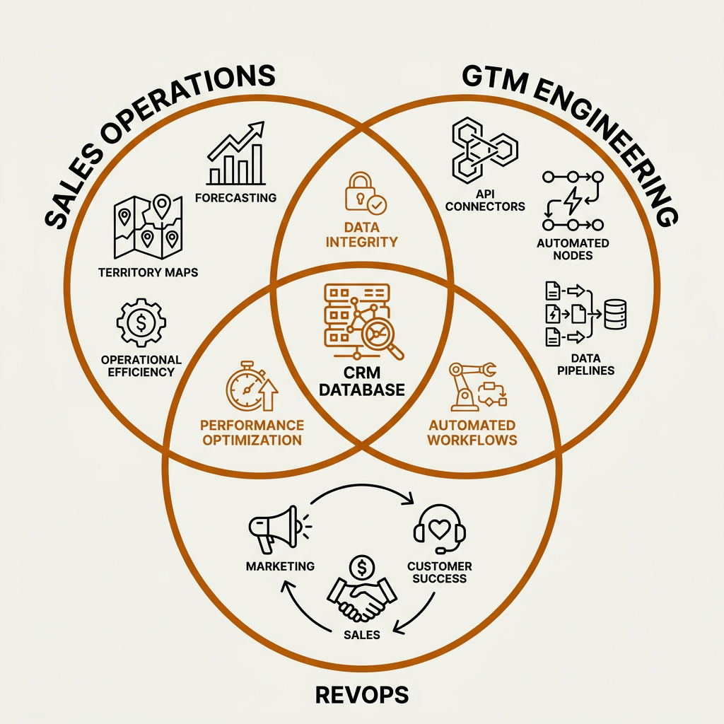 Venn diagram comparing GTM engineering, RevOps, and sales operations roles