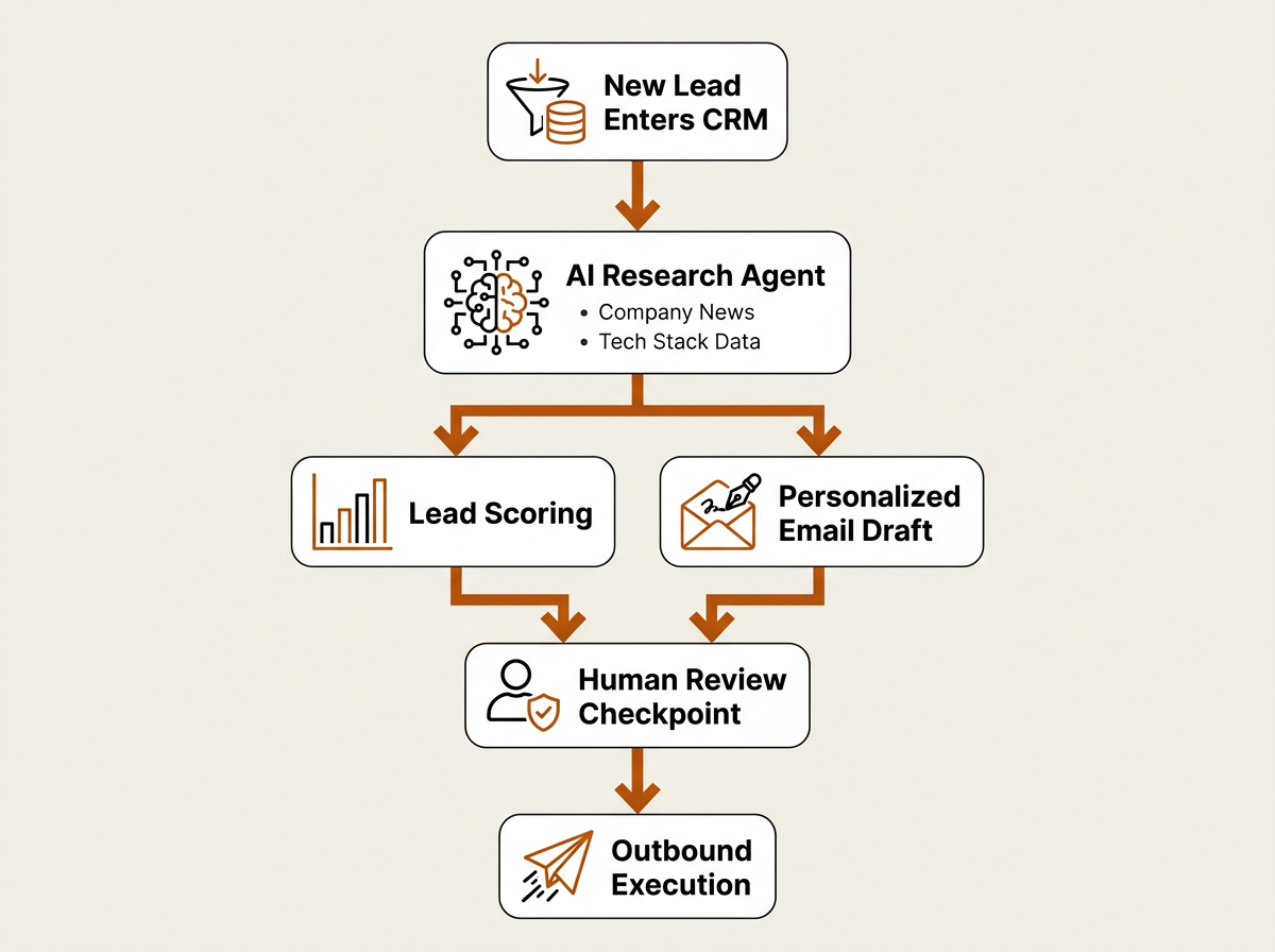Agentic sales workflow flowchart showing AI lead research and outbound automation steps