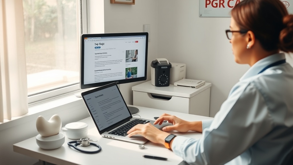 Profissional de saúde em consultório brasileiro revisando artigos do blog com data de publicação visível no notebook.