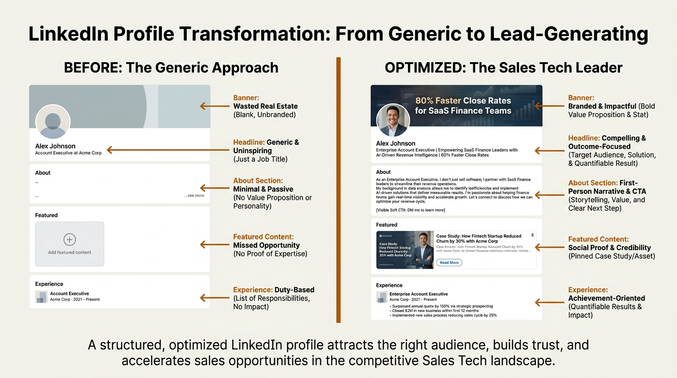 Side-by-side LinkedIn profile optimization comparison for B2B sales prospecting