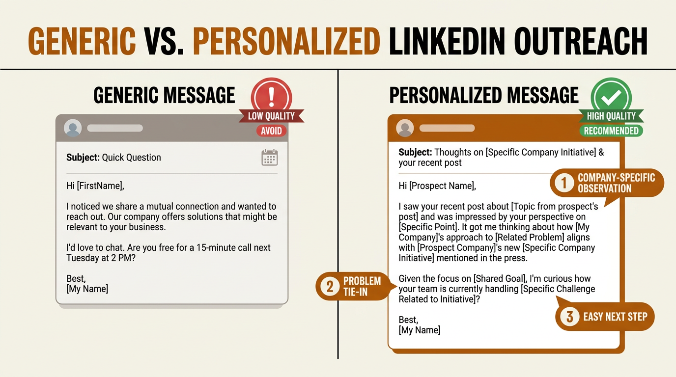 Generic vs personalized LinkedIn InMail comparison infographic for B2B sales