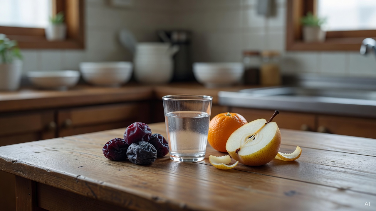 small glass of water and fruits including prunes arranged on a wooden kitchen table