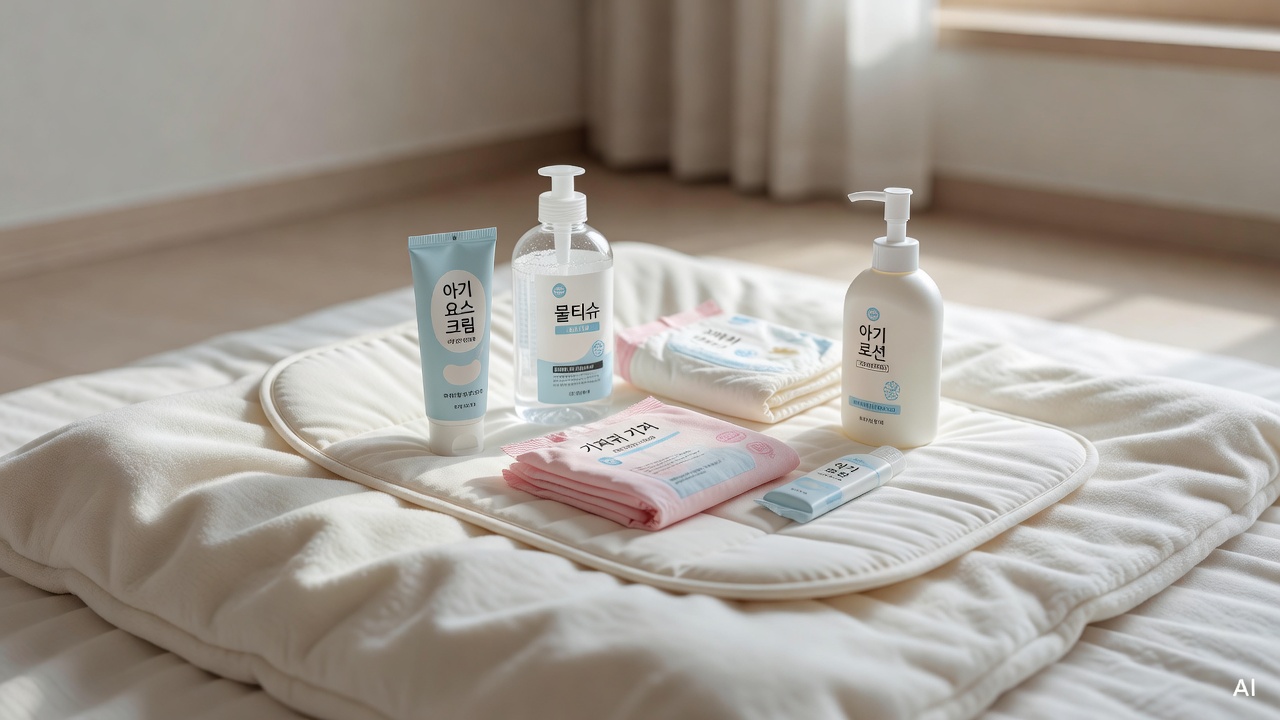 baby diaper changing mat with baby care products arranged on a soft white surface