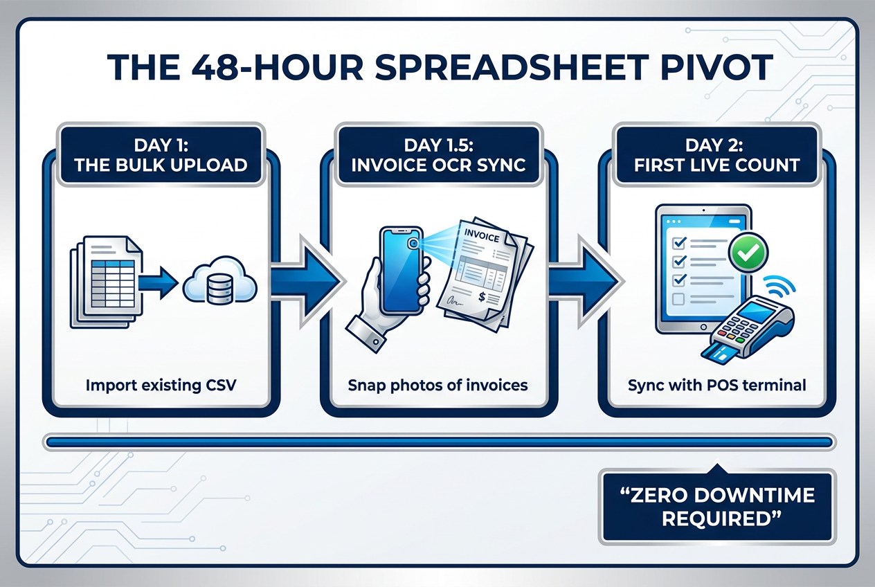 A three-step progress graphic showing how to transition from Excel to a restaurant inventory app in 48 hours without closing the kitchen.
