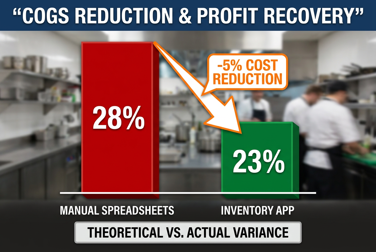 Vertical bar chart showing a 5% reduction in Cost of Goods Sold (COGS) when switching from manual spreadsheets to an automated inventory app.