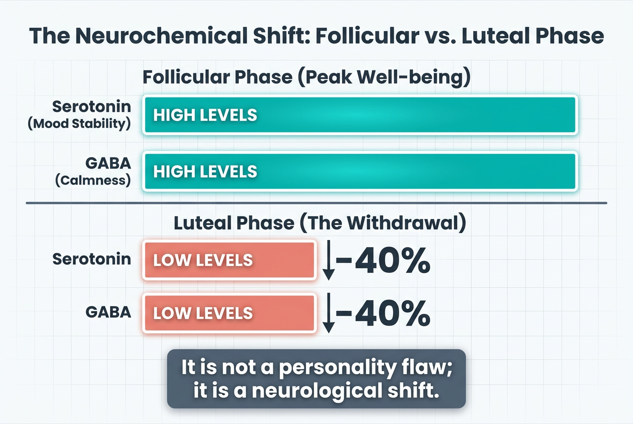 A horizontal bar chart comparing serotonin and GABA levels between the follicular and luteal phases, highlighting the significant neurochemical drop.
