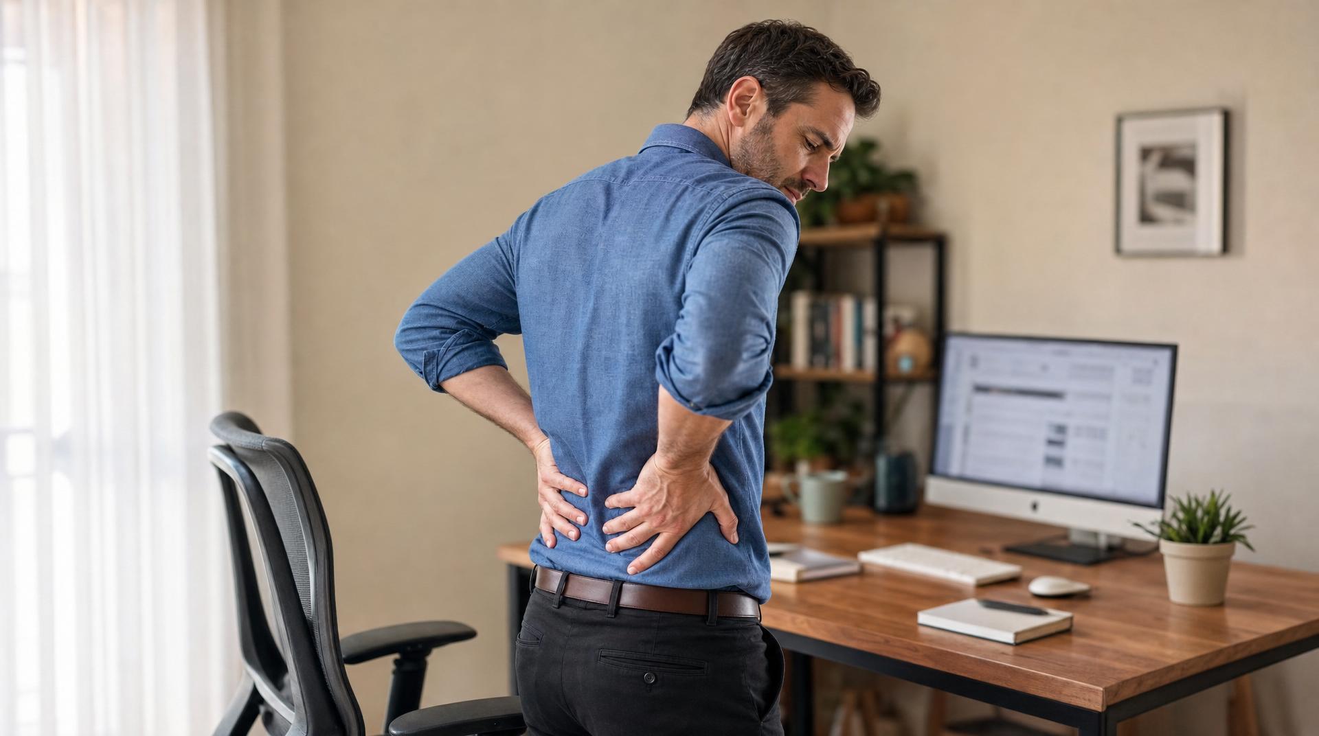 Homme debout à son bureau tenant ses mains sur le bas du dos en signe de douleur lombaire
