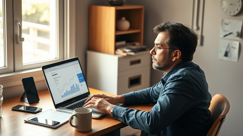 Profissional brasileiro analisando no notebook os gráficos de visitas e conversões do blog no Google Analytics.