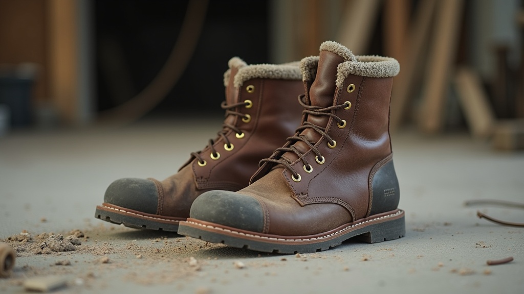 Steel-toe work boots on a construction site with wool socks