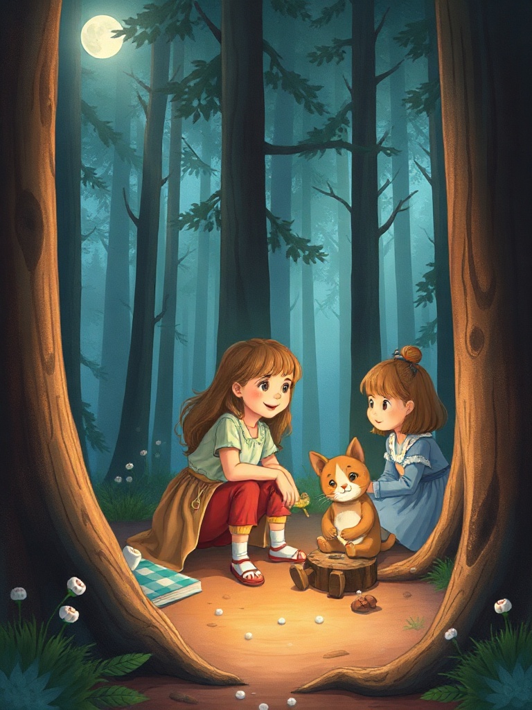 Three little girls going camping in the forest