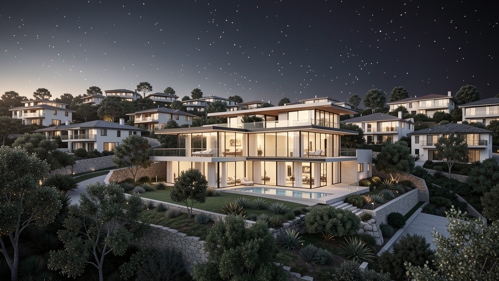 Volumetric luxury home and neighborhood analysis scene