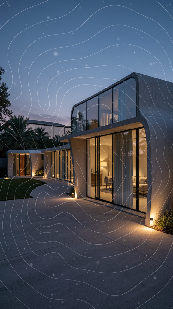Private dusk viewing outside a sculptural glass residence