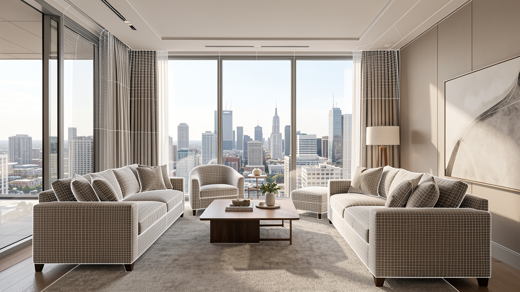 Luxury penthouse interior with spatial mapping overlay