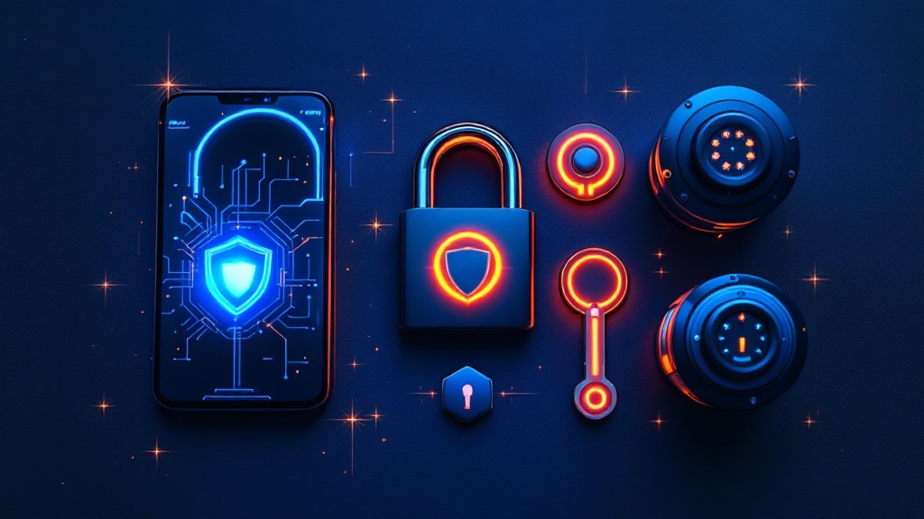 Illustration of a non-technical user securing personal devices with lock icons and cybersecurity symbols