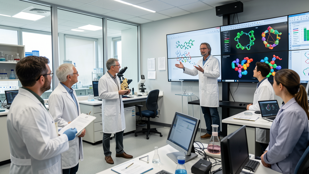 photorealistic Nobel biochemistry research laboratory team